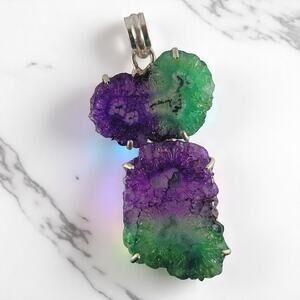 Titanium Druzy Pendant Sterling Silver Green Purple Crystal Slice 3"
